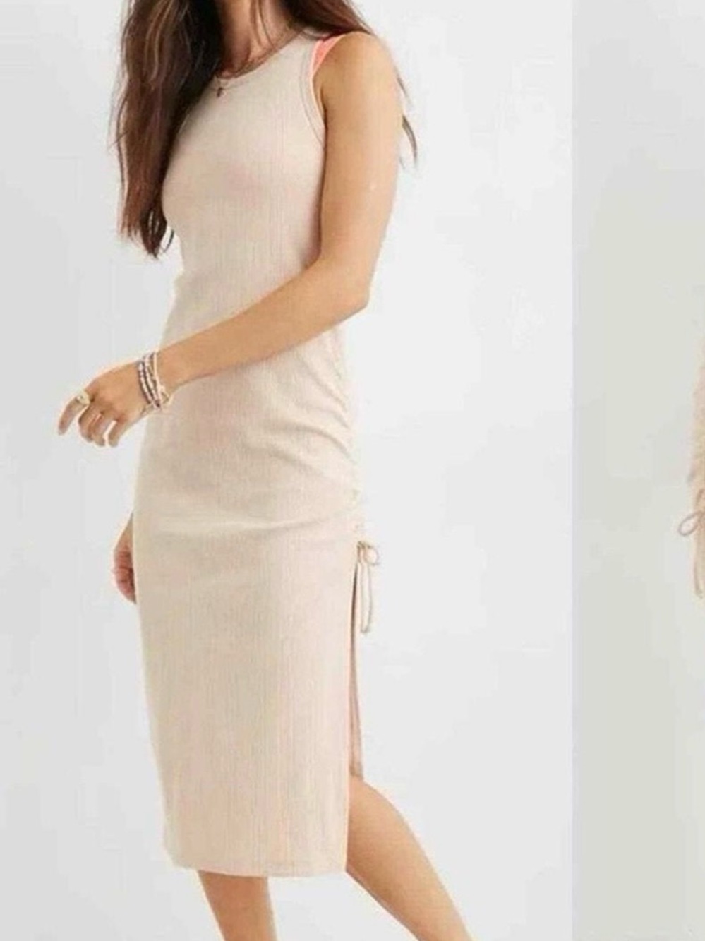 aerie Cream Ribbed Sleeveless Midi Dress Side Ruching Size XXL NWT